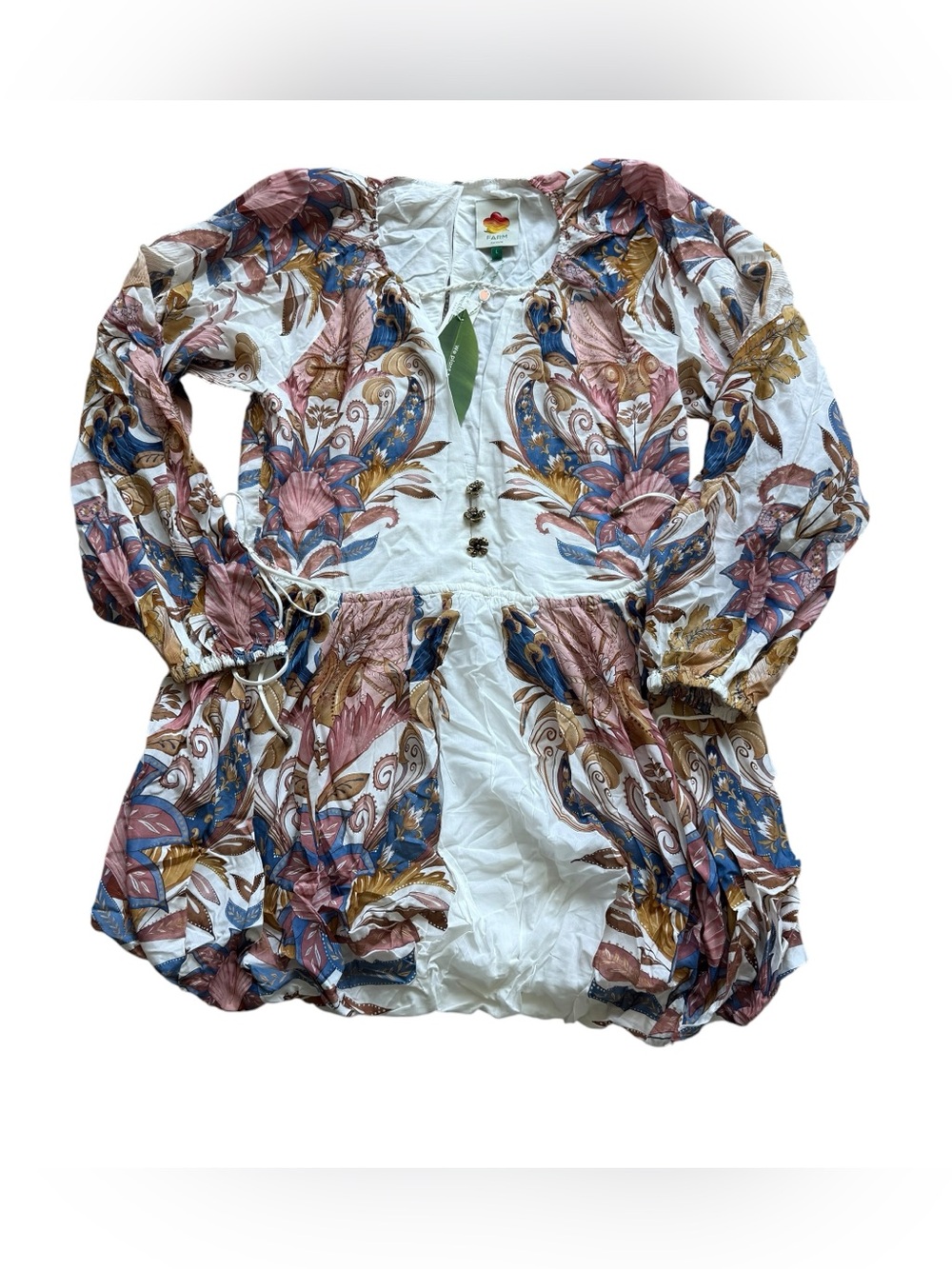 Farm Rio Sea Garden Off White Mini Bubble Dress Balloon Sleeve L NWT $298 Boho - Picture 5 of 16